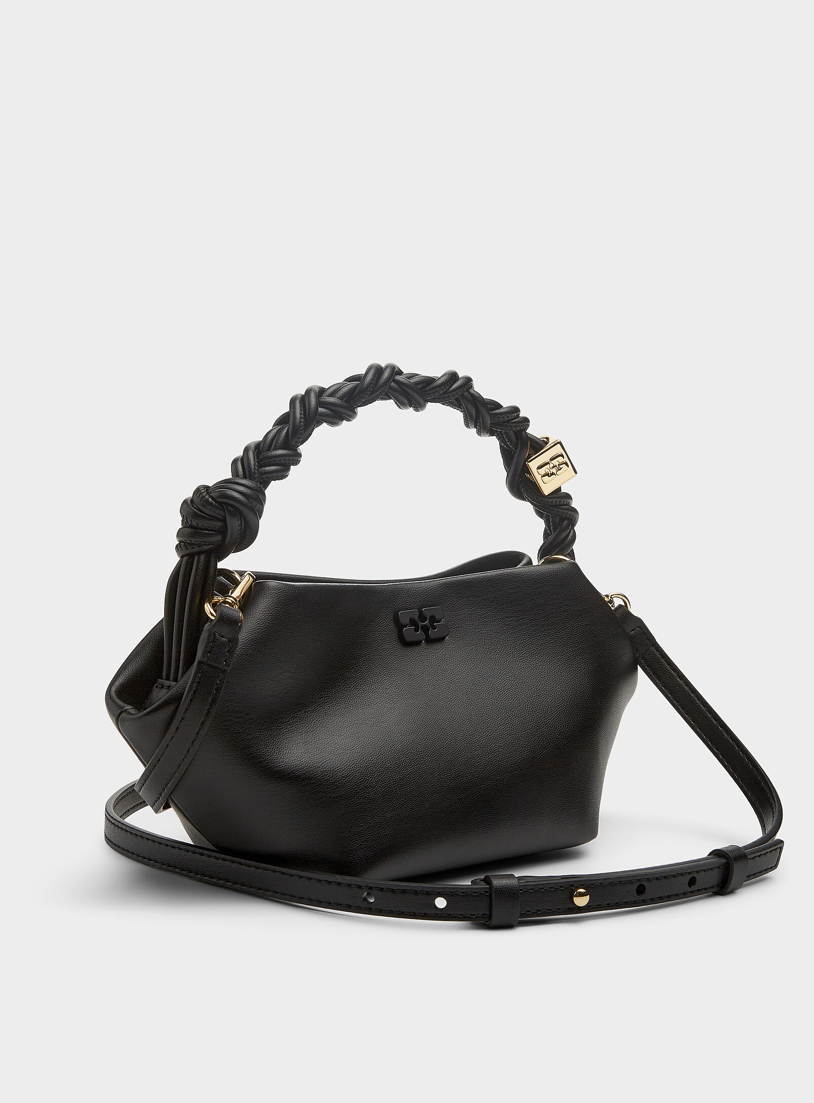 Ganni - Bou Mini black braided handle recycled leather bag (Women, Black, ONE SIZE)