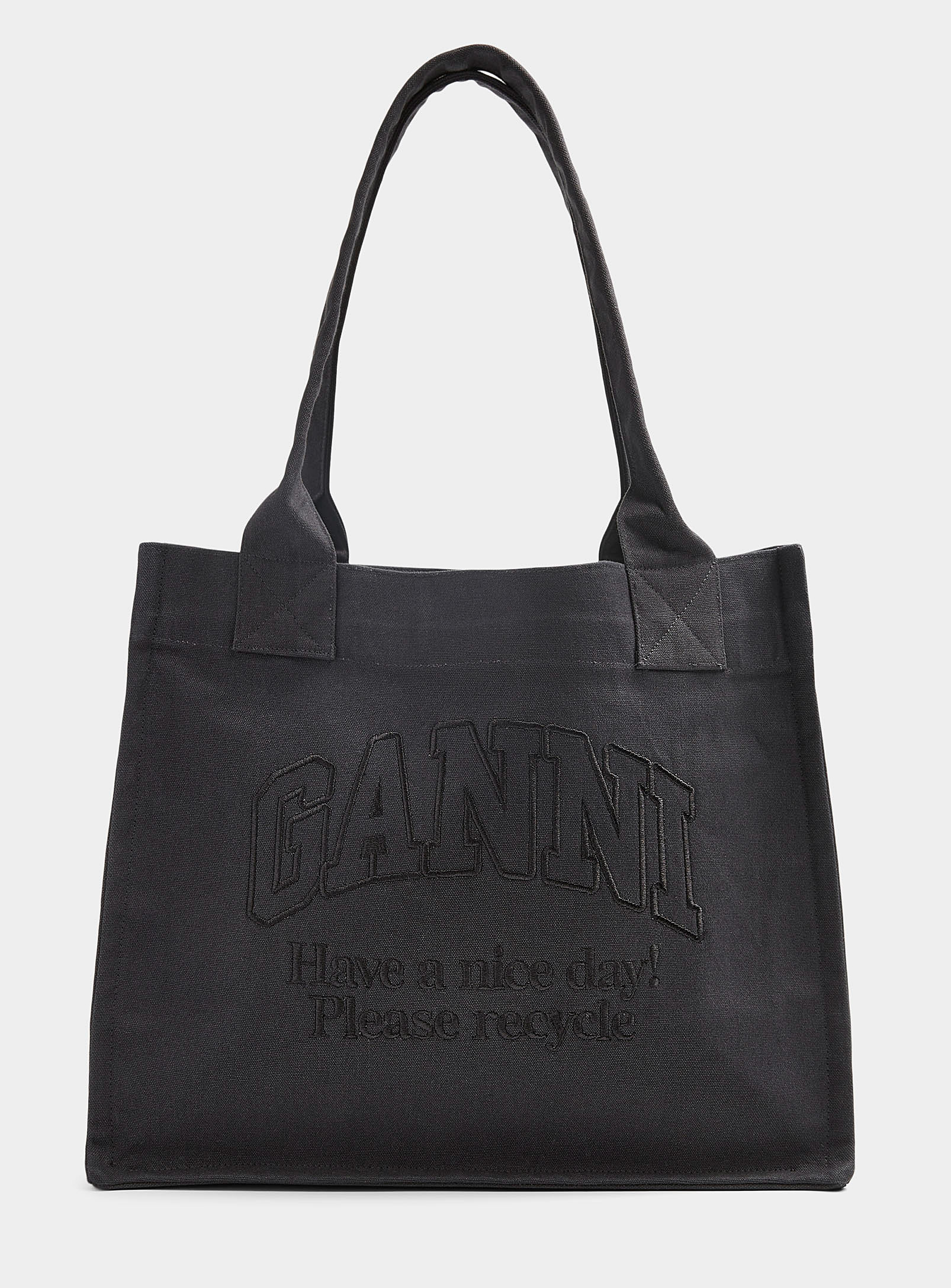 Ganni Please Recycle Black Tote In Oxford