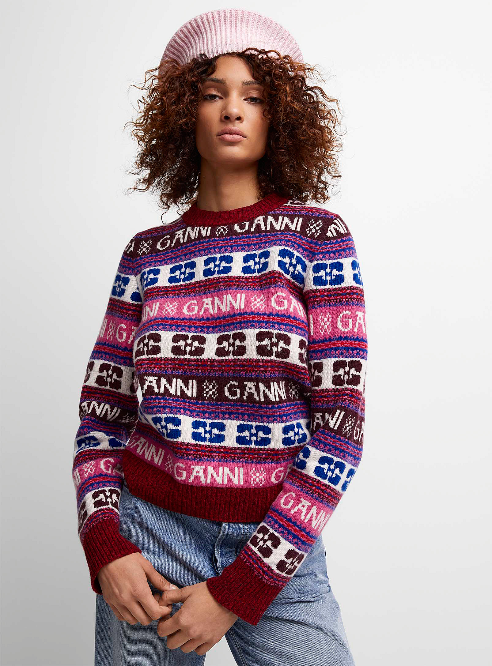 Shop Ganni Signature Jacquard Sweater In Assorted