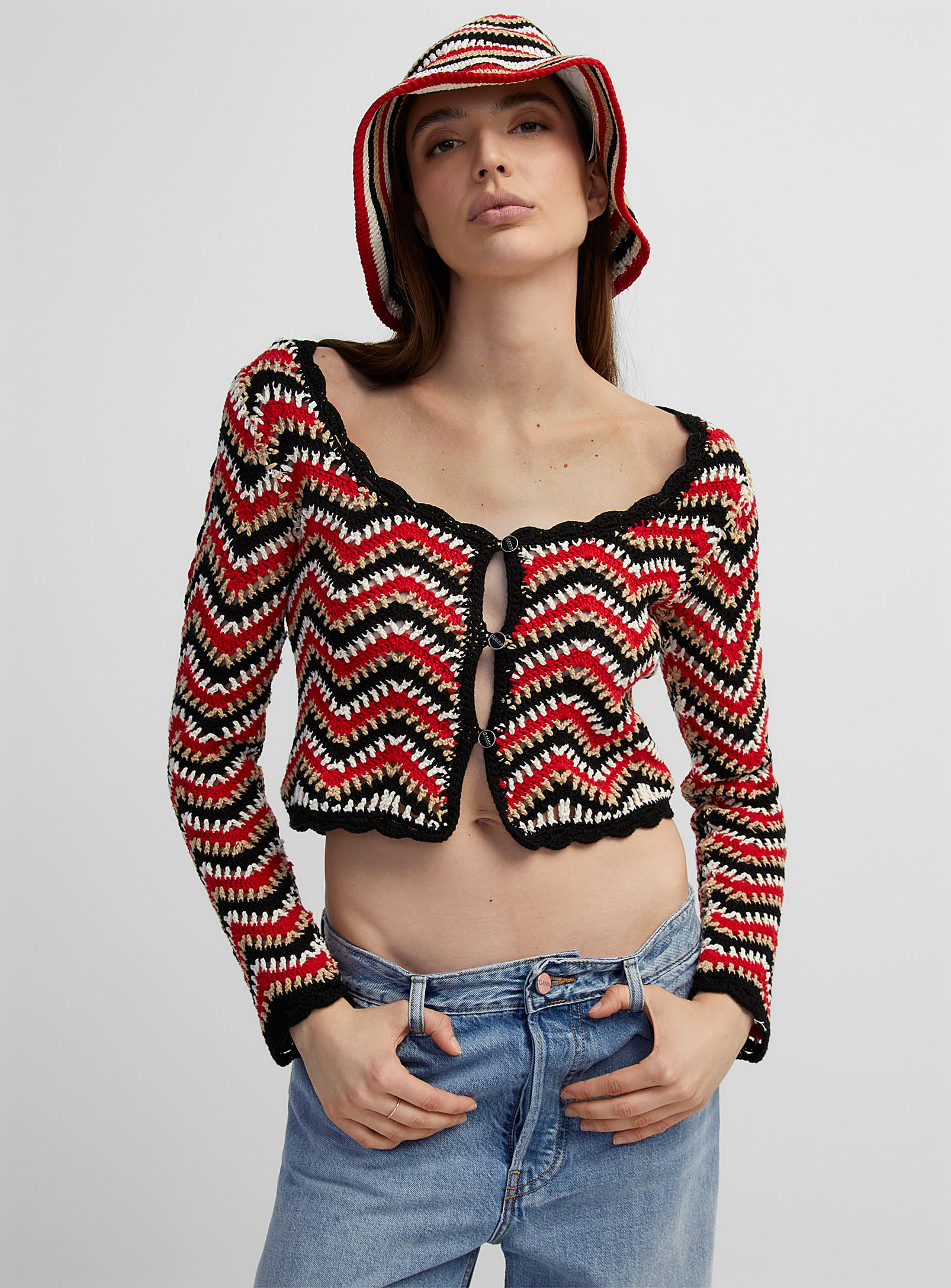 Ganni Cropped Crocheted Cardigan In Red