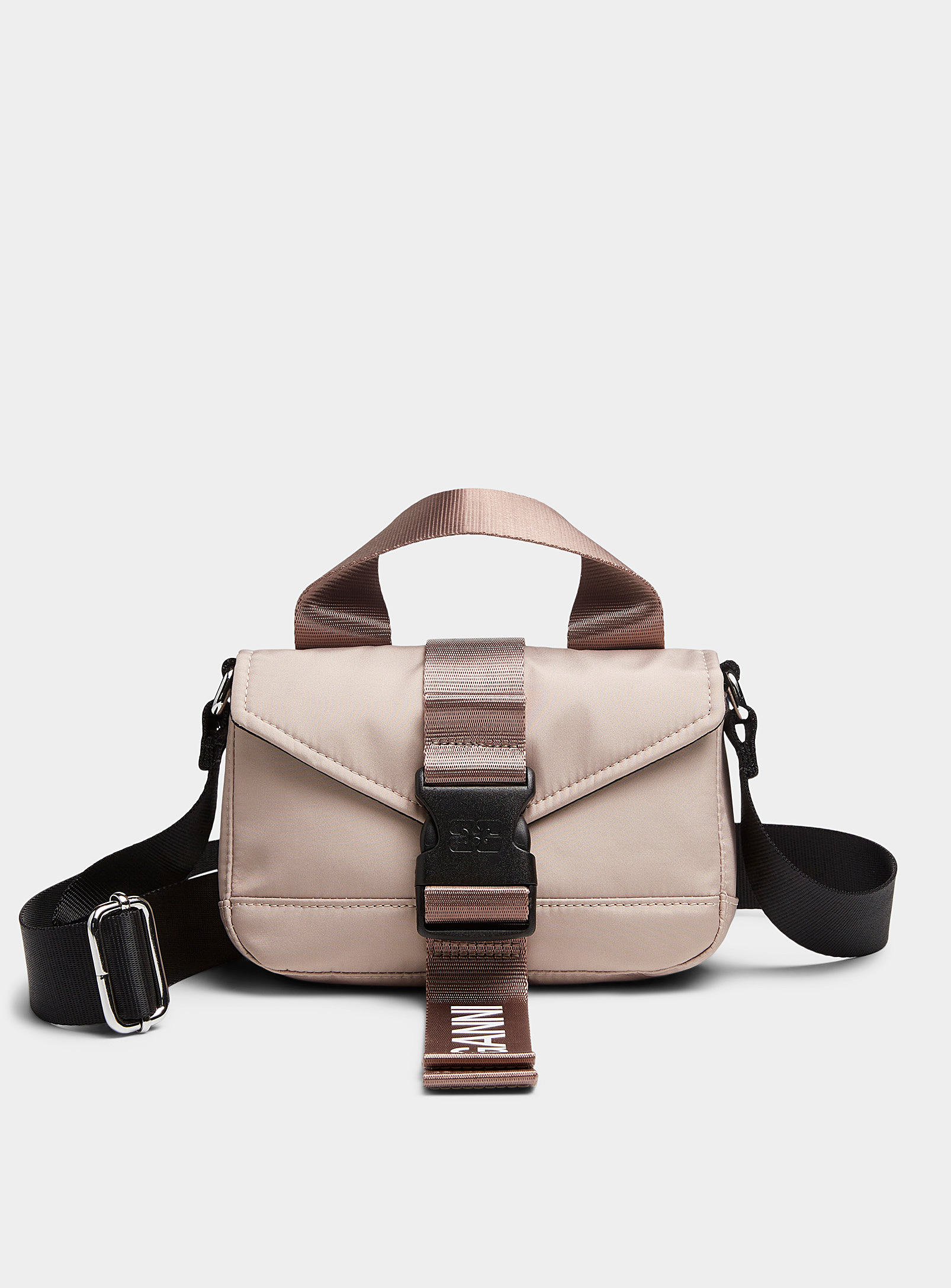 Ganni Signature Buckle Recycled Fabric Flap Taupe Bag In Brown