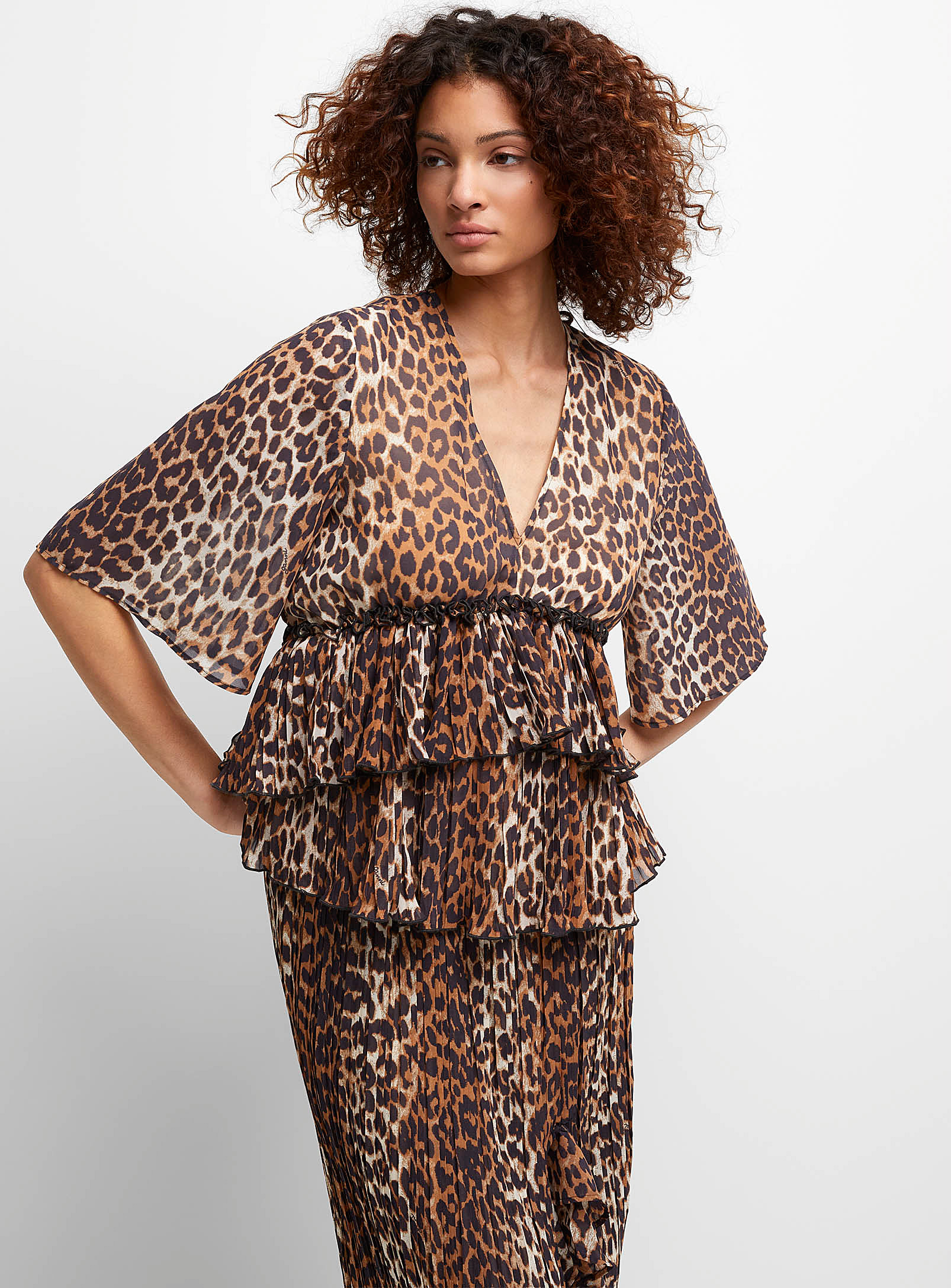 Shop Ganni Leopard Print Tiered Blouse In Brown