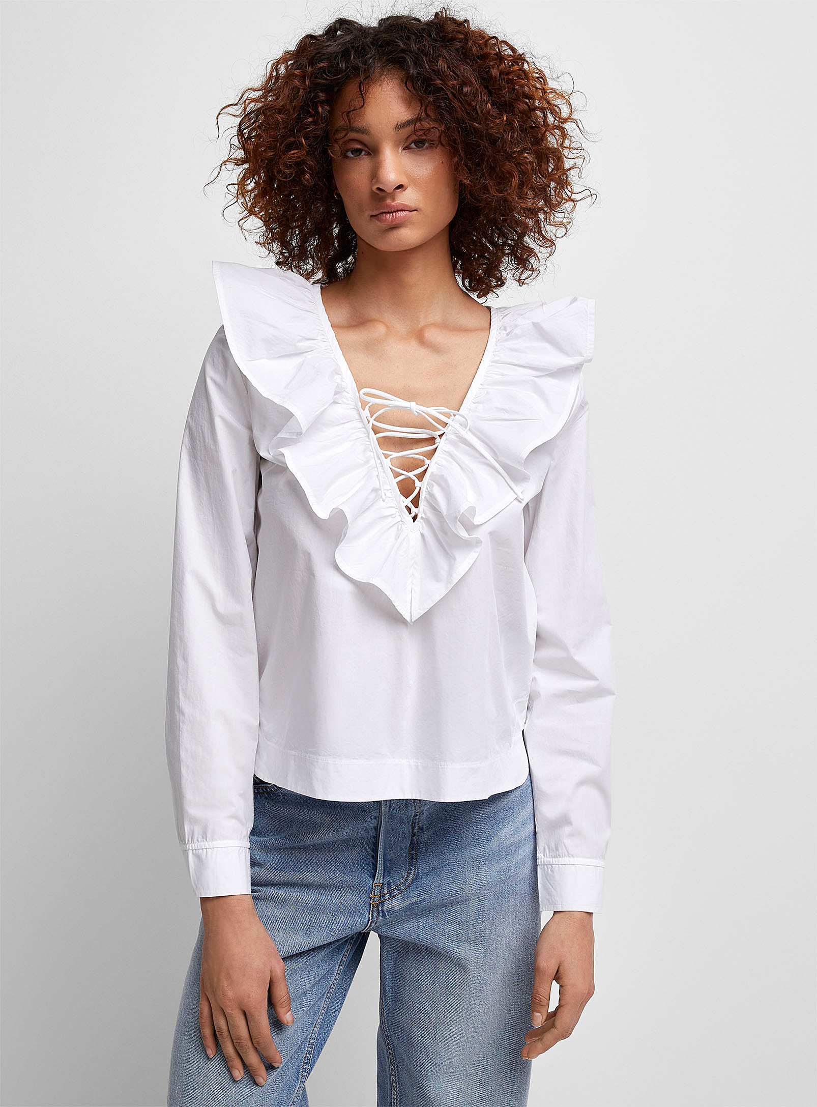 Ganni Ruffled Laced Blouse In White