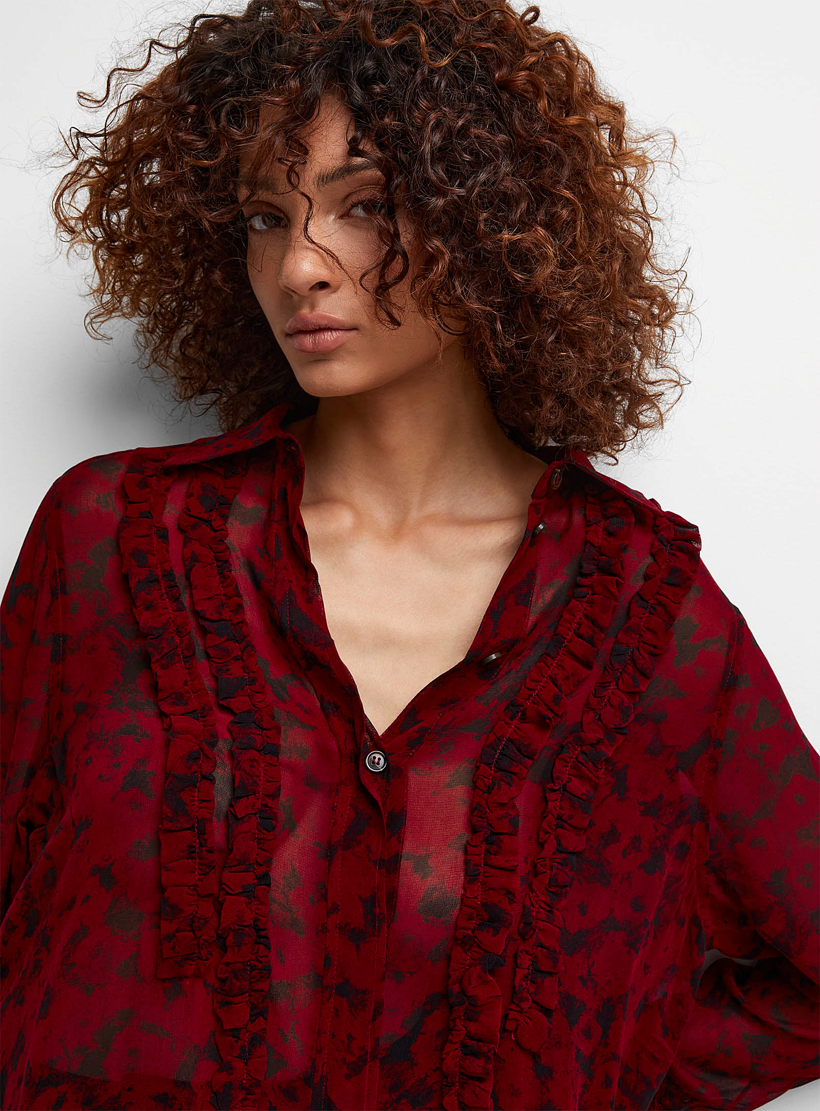 Ganni Ruffled Flowered Blouse In Patterned Red