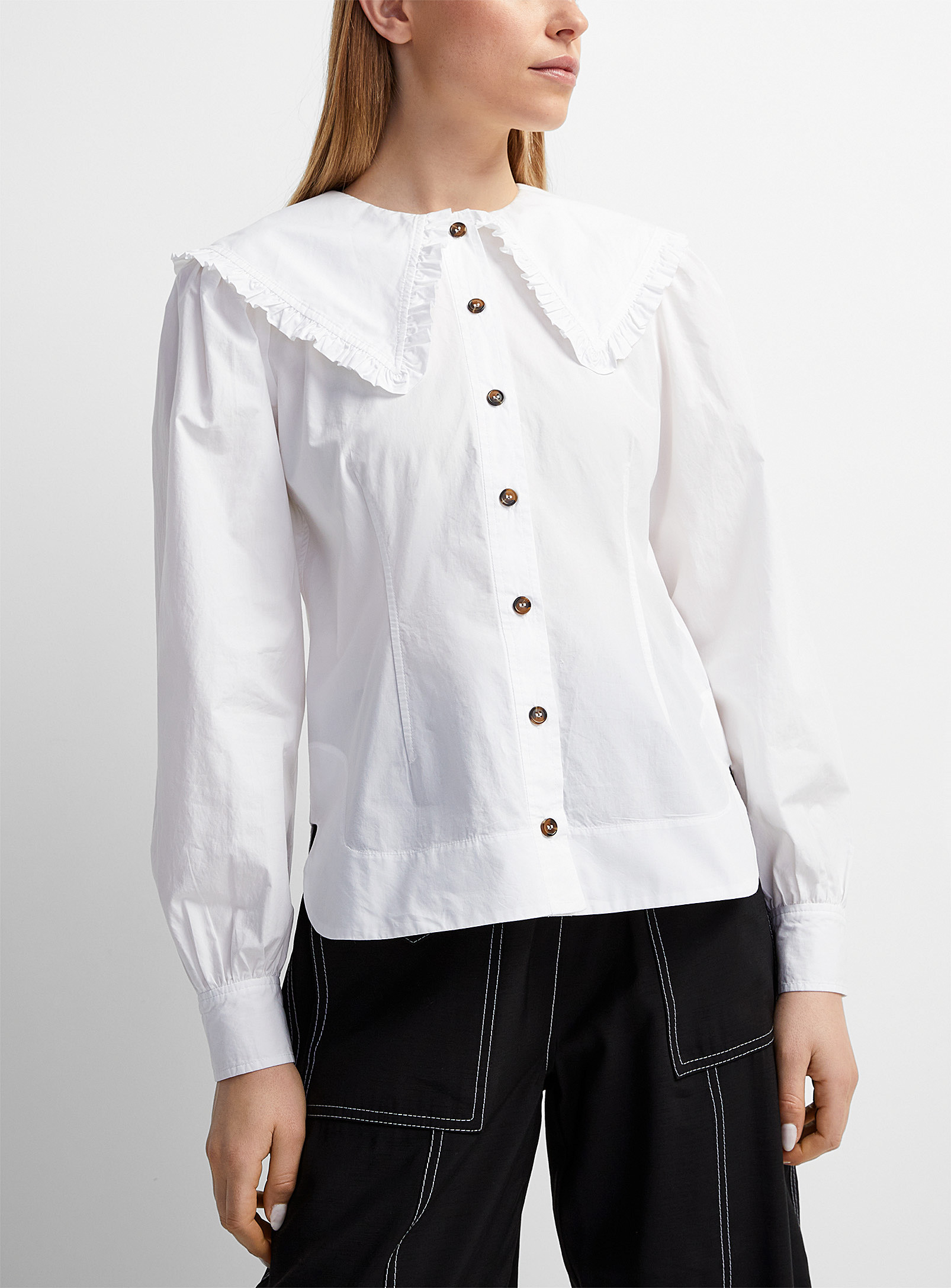 Shop Ganni Peter Pan Collar Long-sleeve Shirt In White