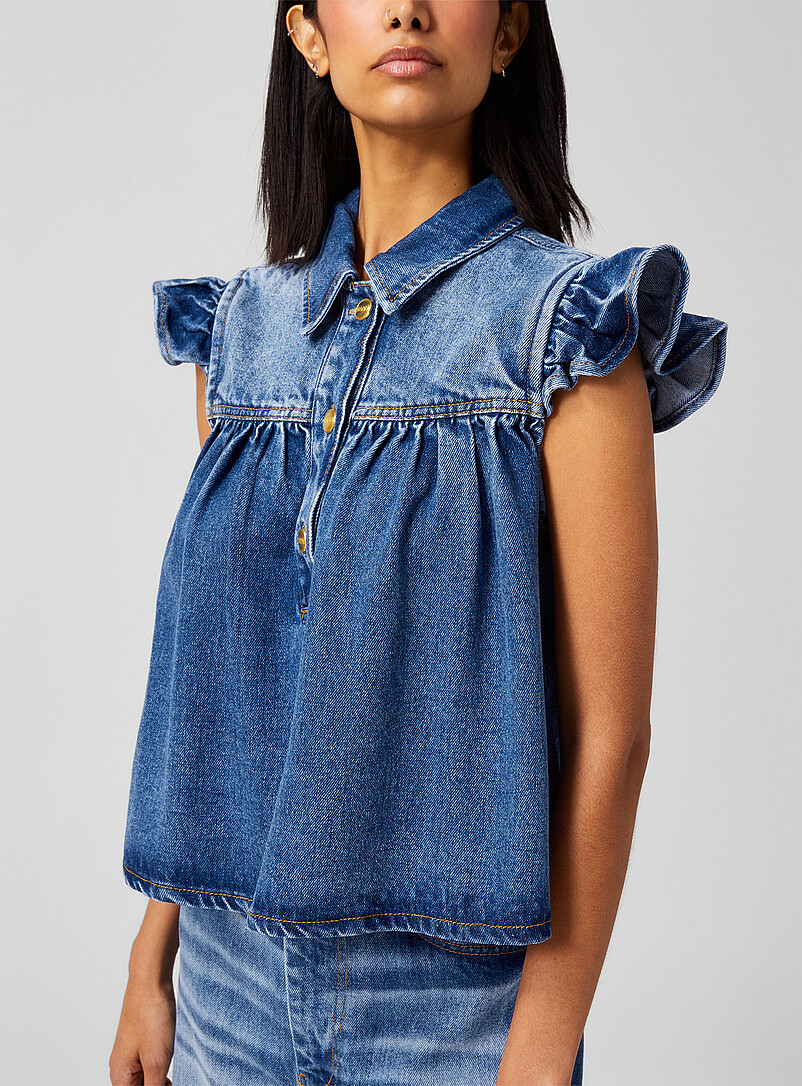 Fluid denim ruffle blouse product image (primary)