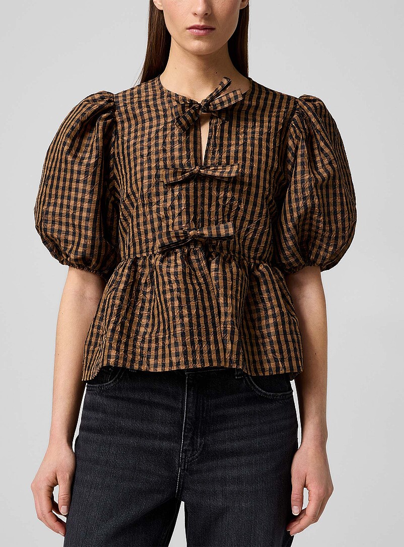 Gingham Taffeta Peplum-Waist Blouse