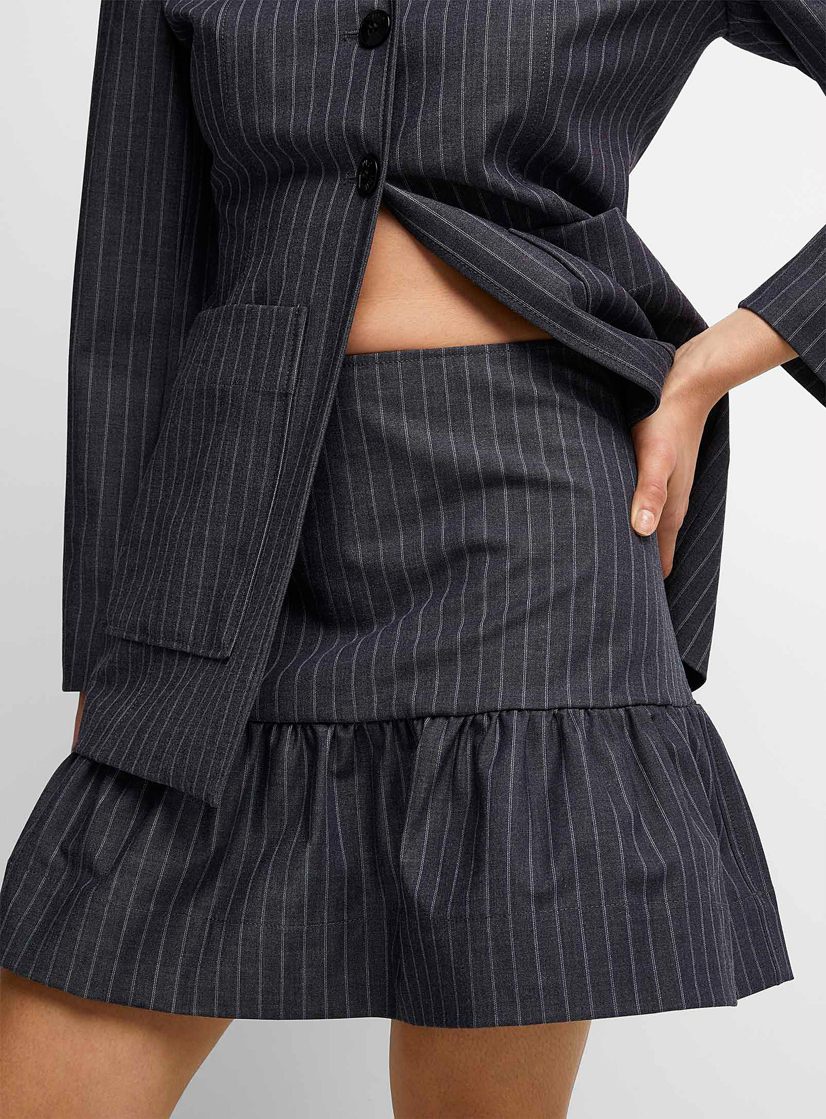 Shop Ganni Pinstriped Ruffled Miniskirt In Dark Grey