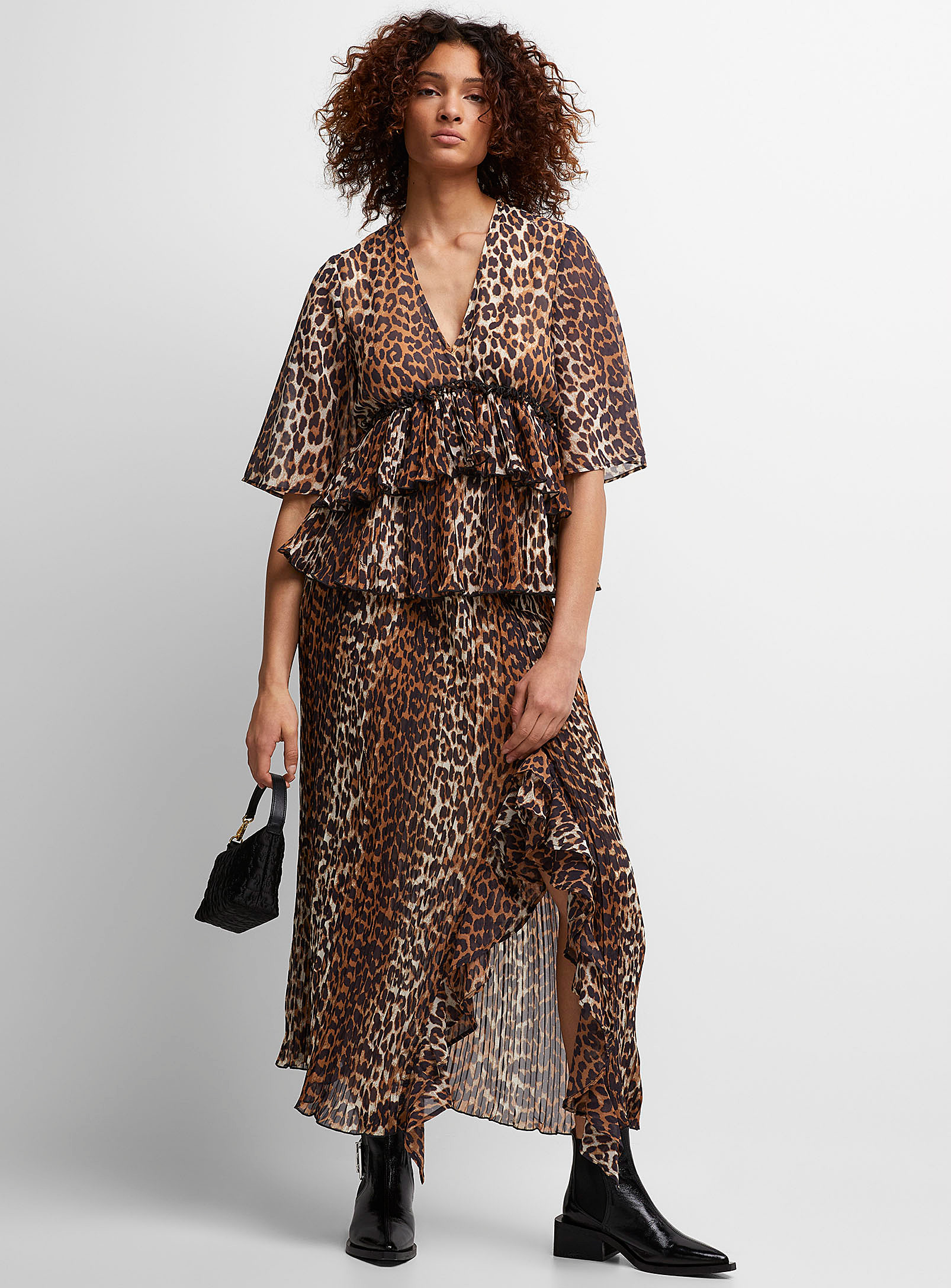 Shop Ganni Leopard Print Pleated Skirt In Brown