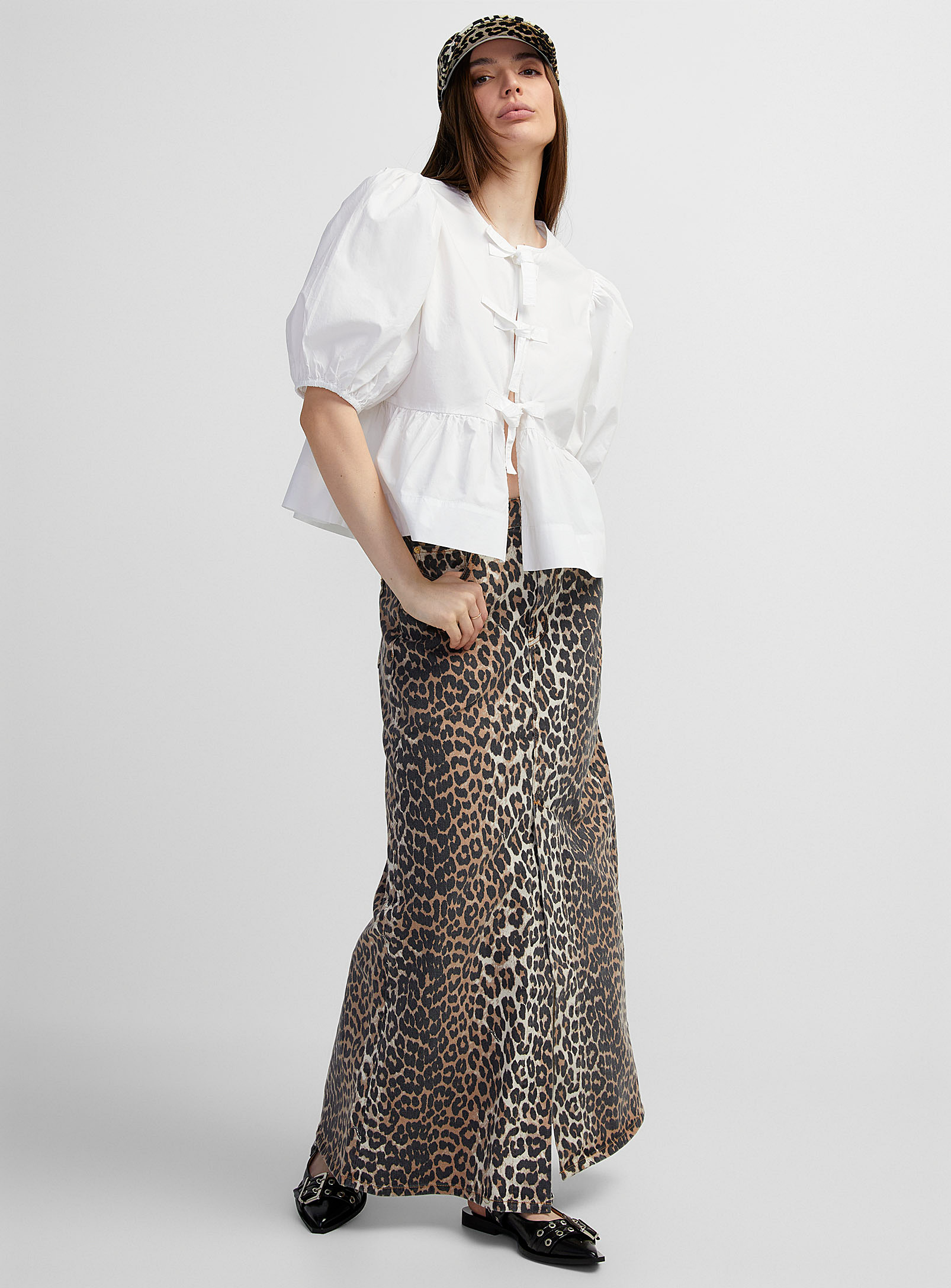 Ganni Leopard Denim Maxi Skirt In Brown