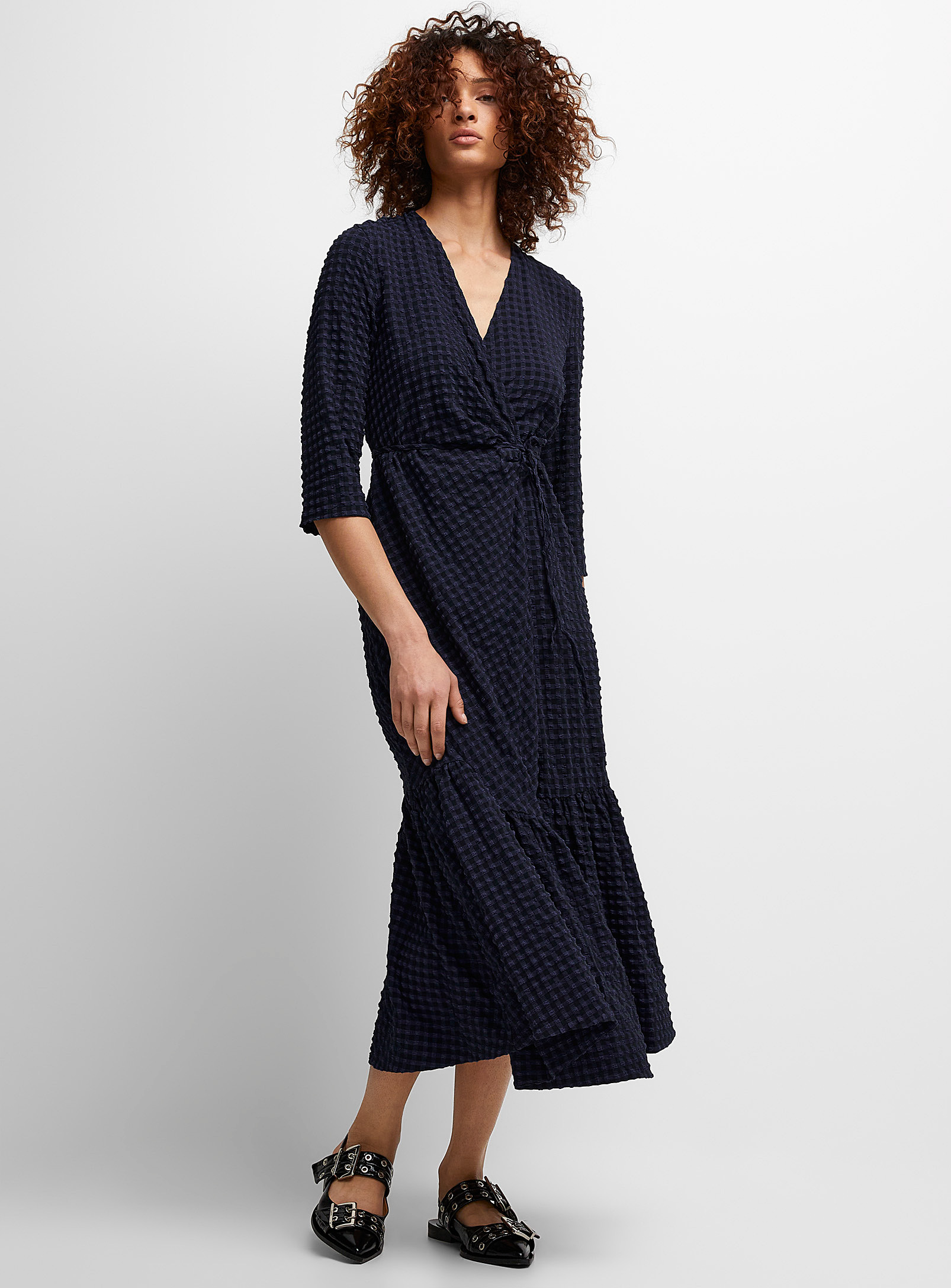 Ganni Textured Gingham Crossover Dress In Blue