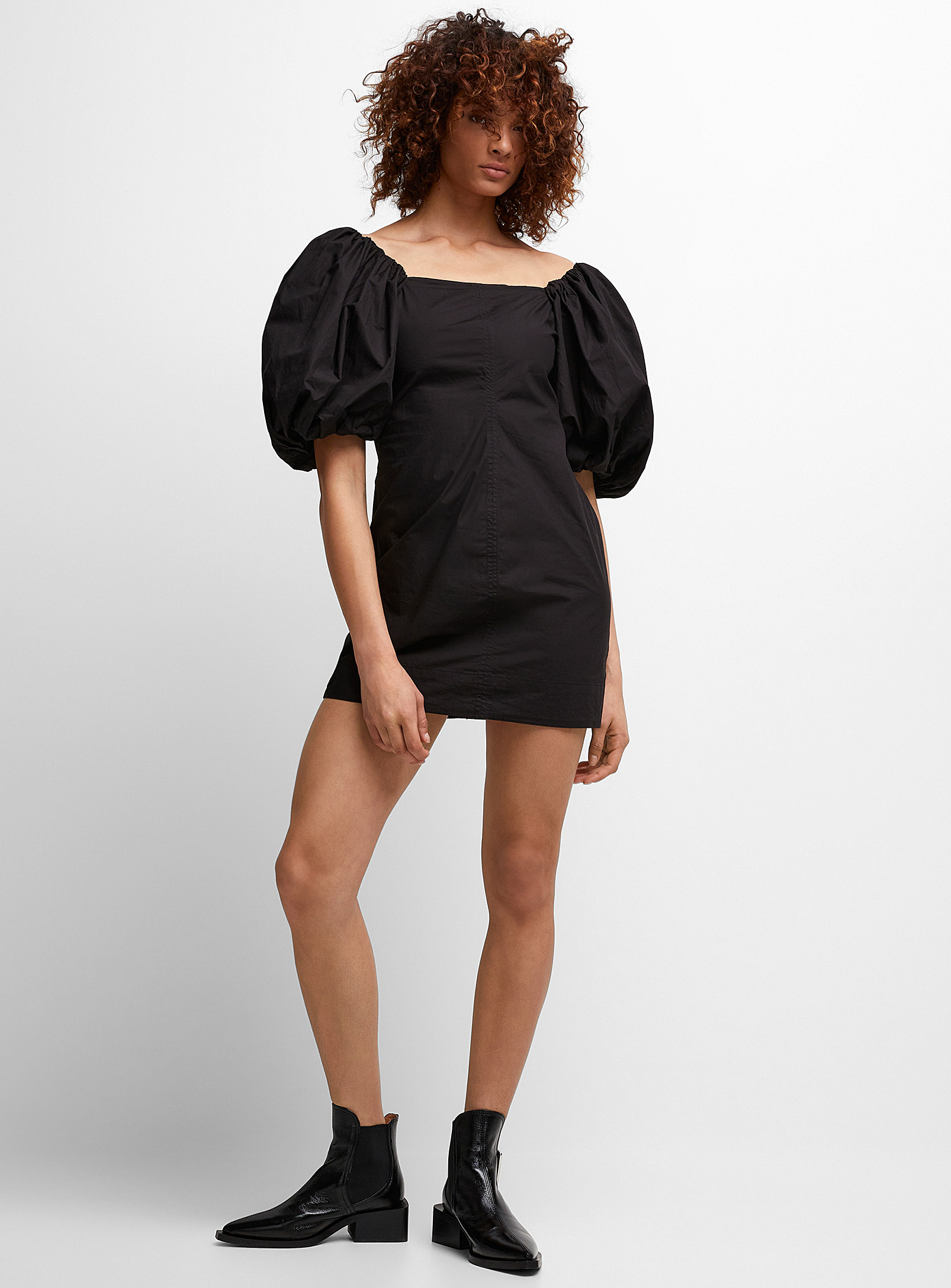 Shop Ganni Puff-sleeve Poplin Mini-dress In Black