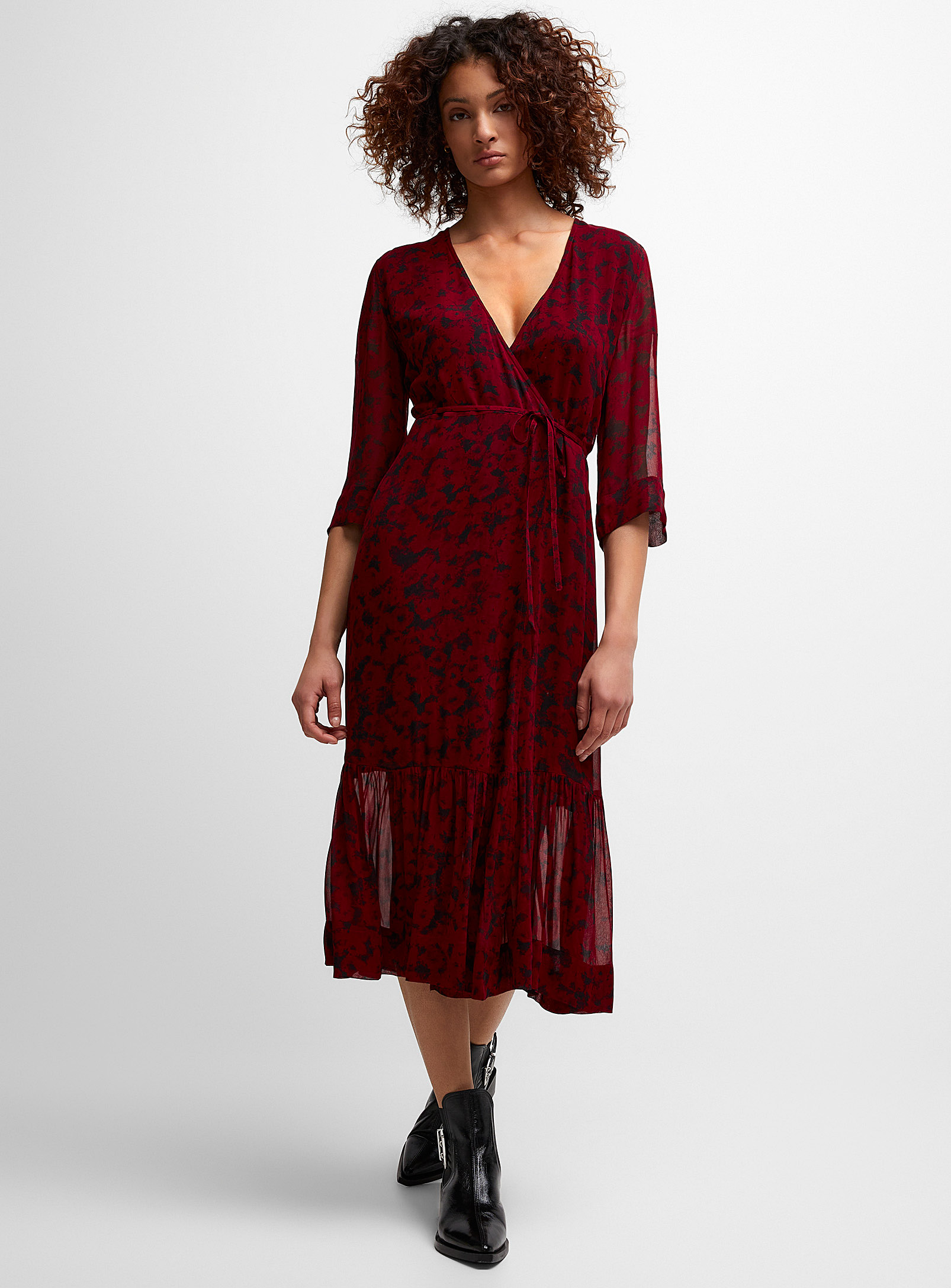 Ganni Flower Crossover Dress In Patterned Red