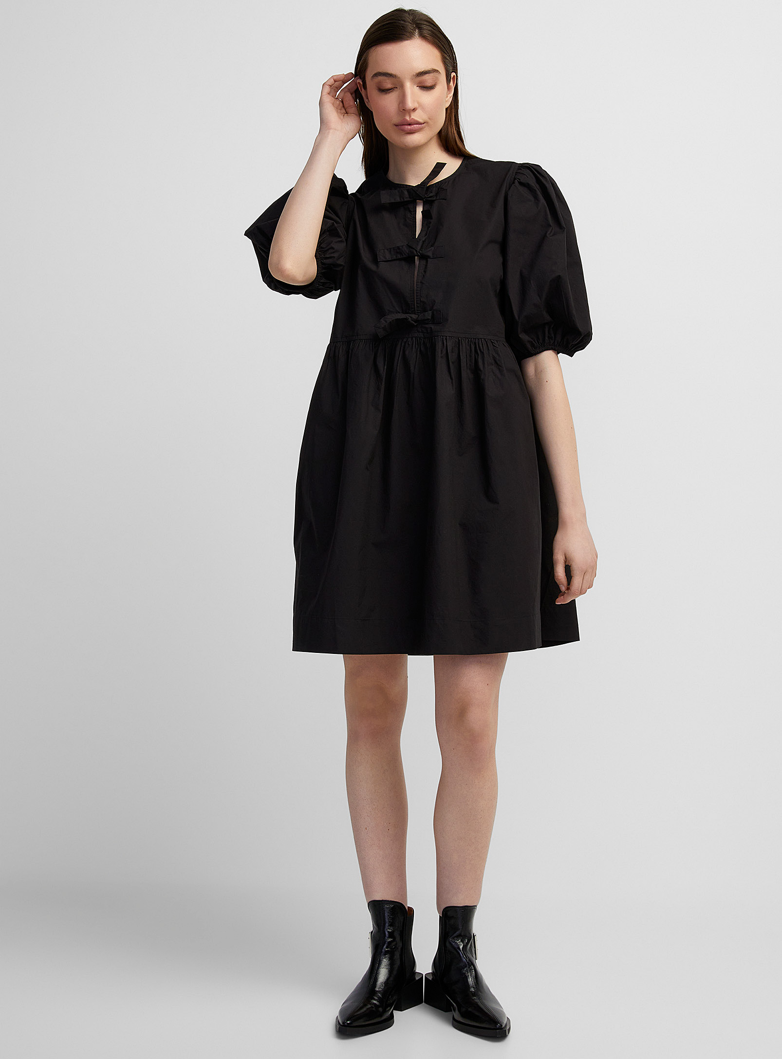 Ganni Tie-front Puff-sleeve Poplin Mini Dress In Black