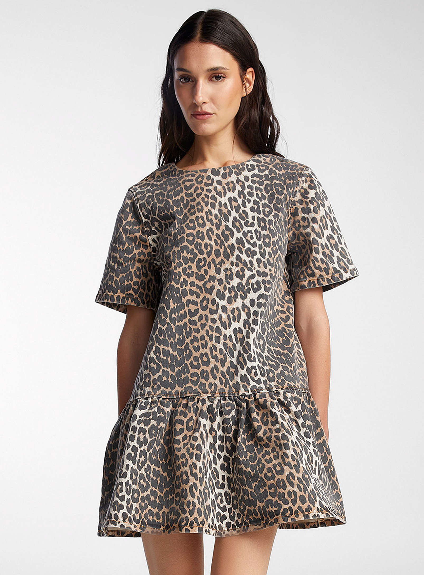 Shop Ganni Leopard Denim Mini-dress In Brown