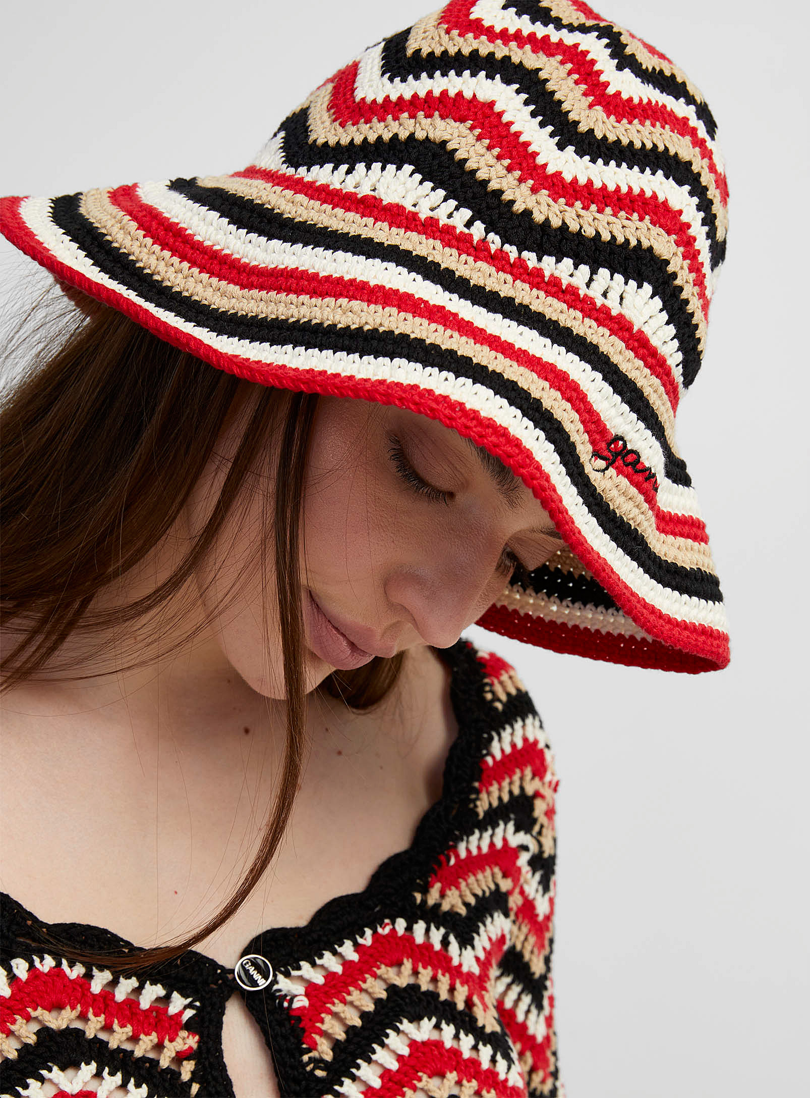 Shop Ganni Striped Crochet Bucket Hat In Red