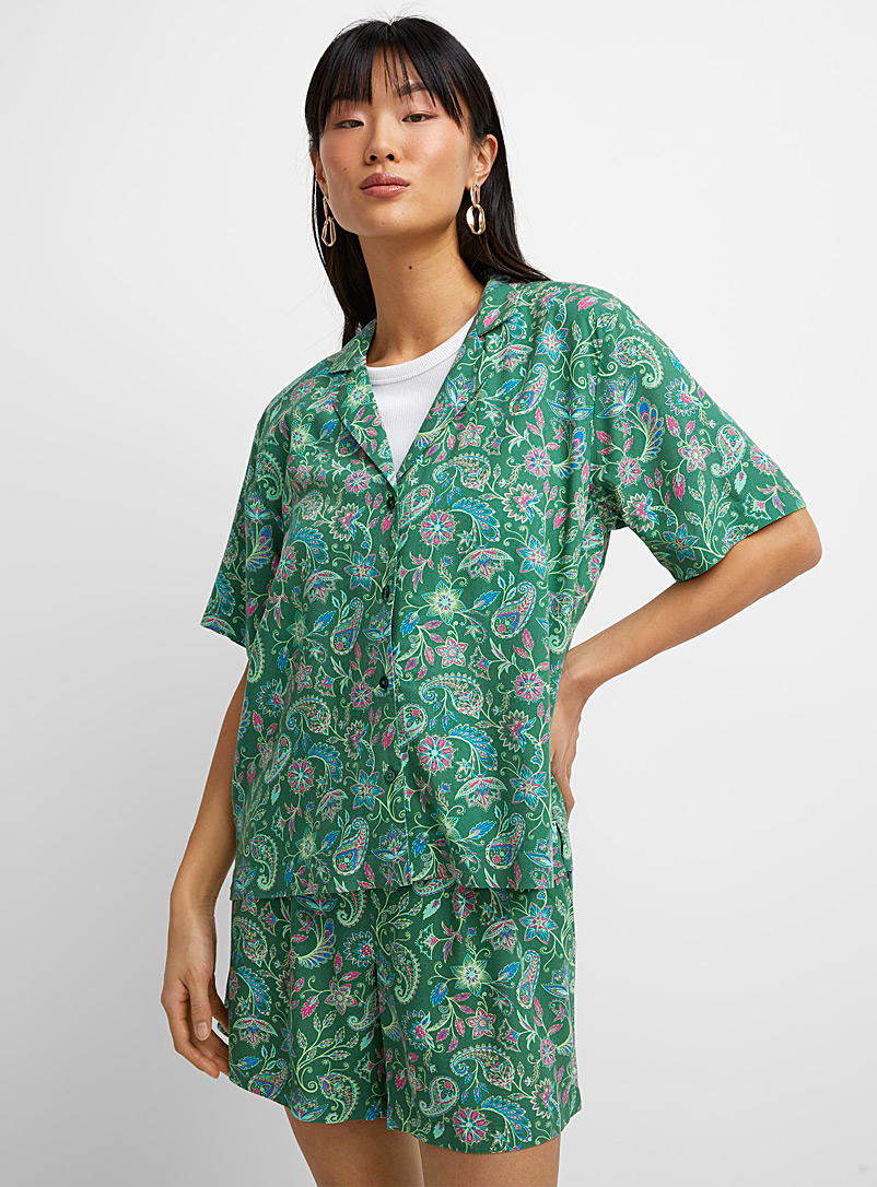Icône: La blouse carrée col cranté Vert à motifs pour femme