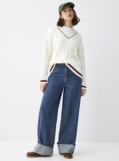Twik: Le jean jambe large taille haute revers XL <b>Coupe R&B</b> Bleu royal - Saphir pour femme