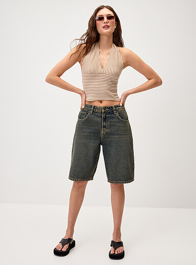 Twik Dirty wash Accent-stitched jort for women