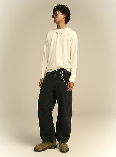 Djab: Le pantalon 5 poches lourd d&eacute;lav&eacute; <b>Coupe ballon</b> Vert bouteille - Sapin pour homme