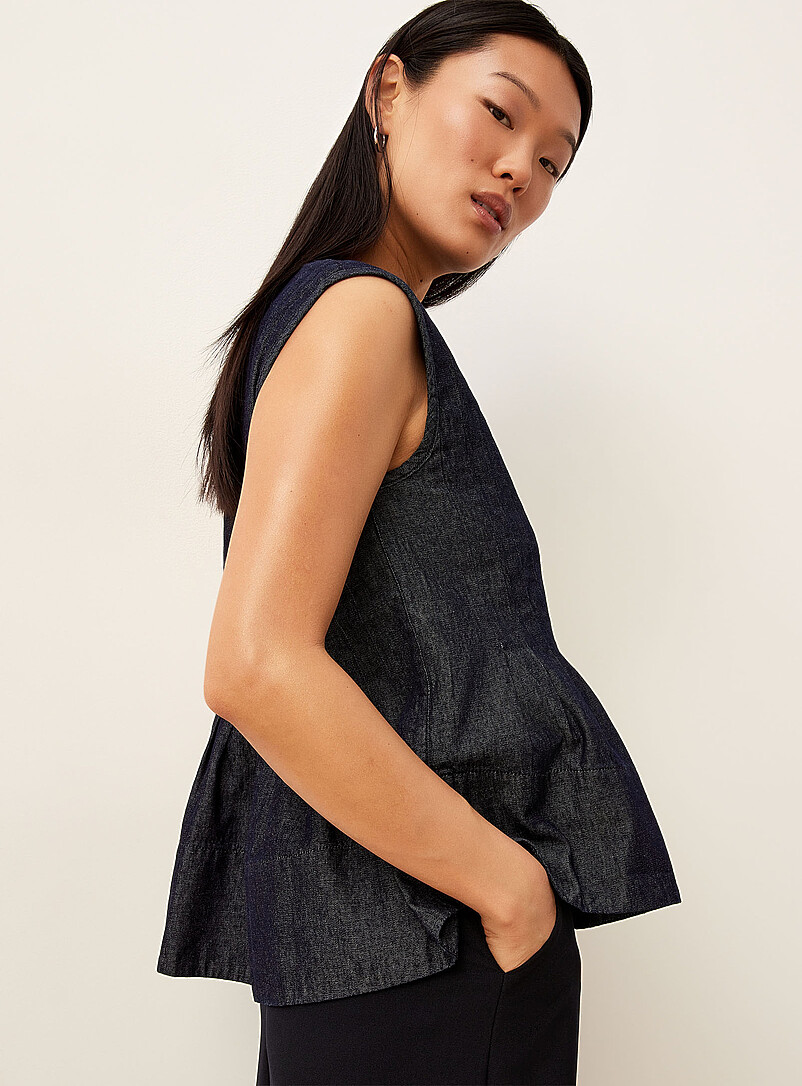 Ic&ocirc;ne Baby Blue Peplum waist lightweight denim cami for women