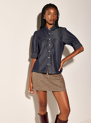 Ic&ocirc;ne: La blouse carr&eacute;e manches bouffantes denim l&eacute;ger Bleu fonc&eacute; - Indigo pour femme