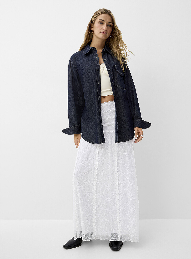 Ic&ocirc;ne: La chemise ample poche plaqu&eacute;e denim l&eacute;ger Bleu marine - Bleu nuit pour femme