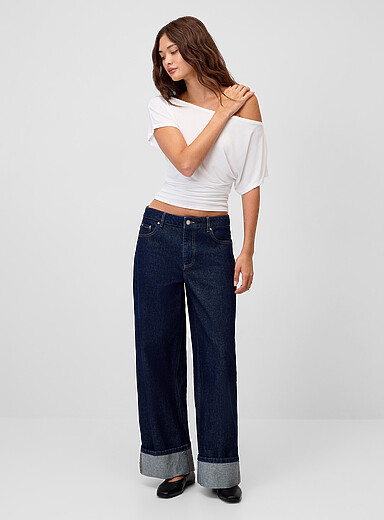 Twik: Le jean jambe large revers XL <b>Coupe R&B</b> Bleu marine - Bleu nuit pour femme