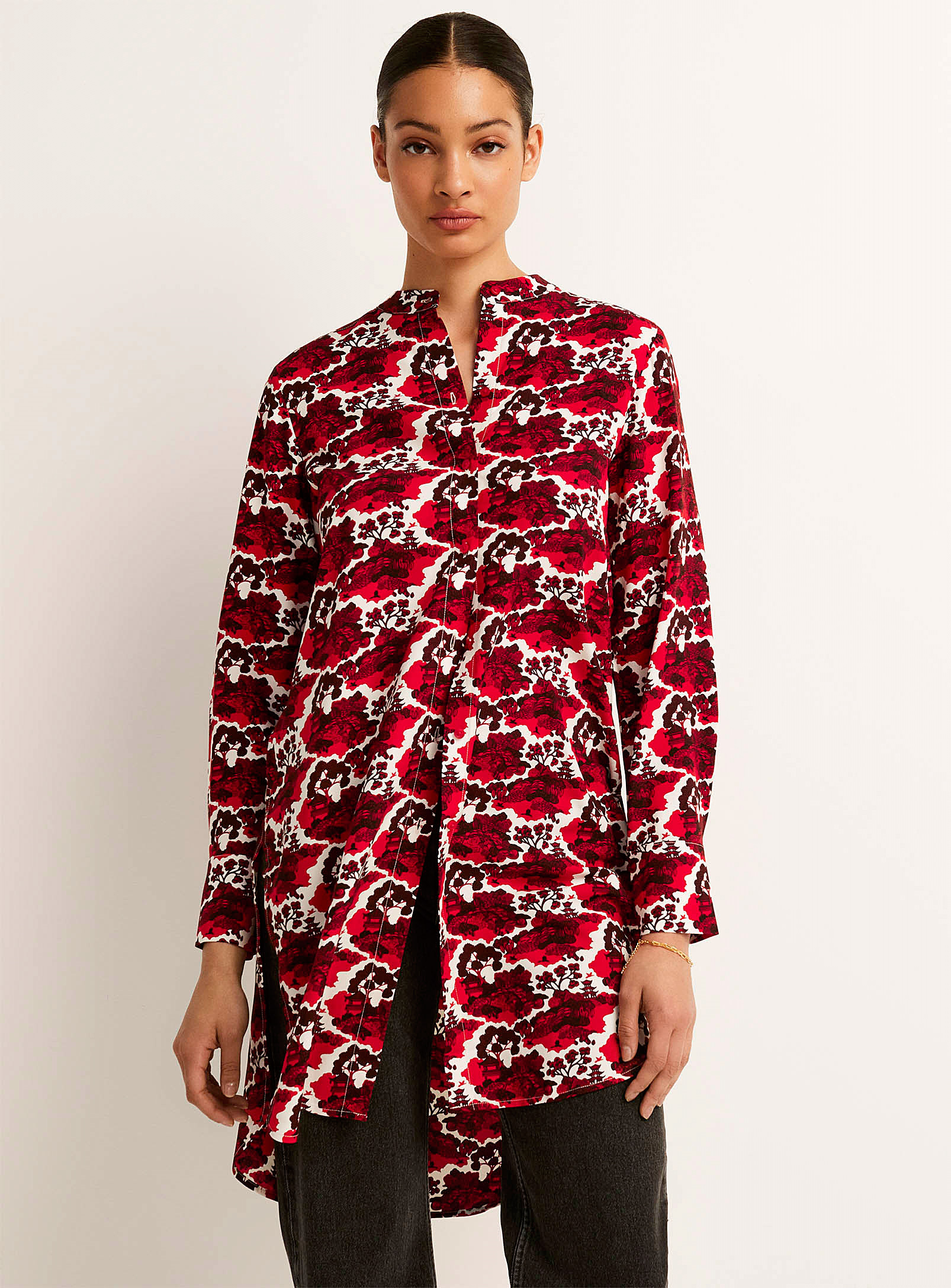 Icone Side Slits Printed Elongated Shirt In Red