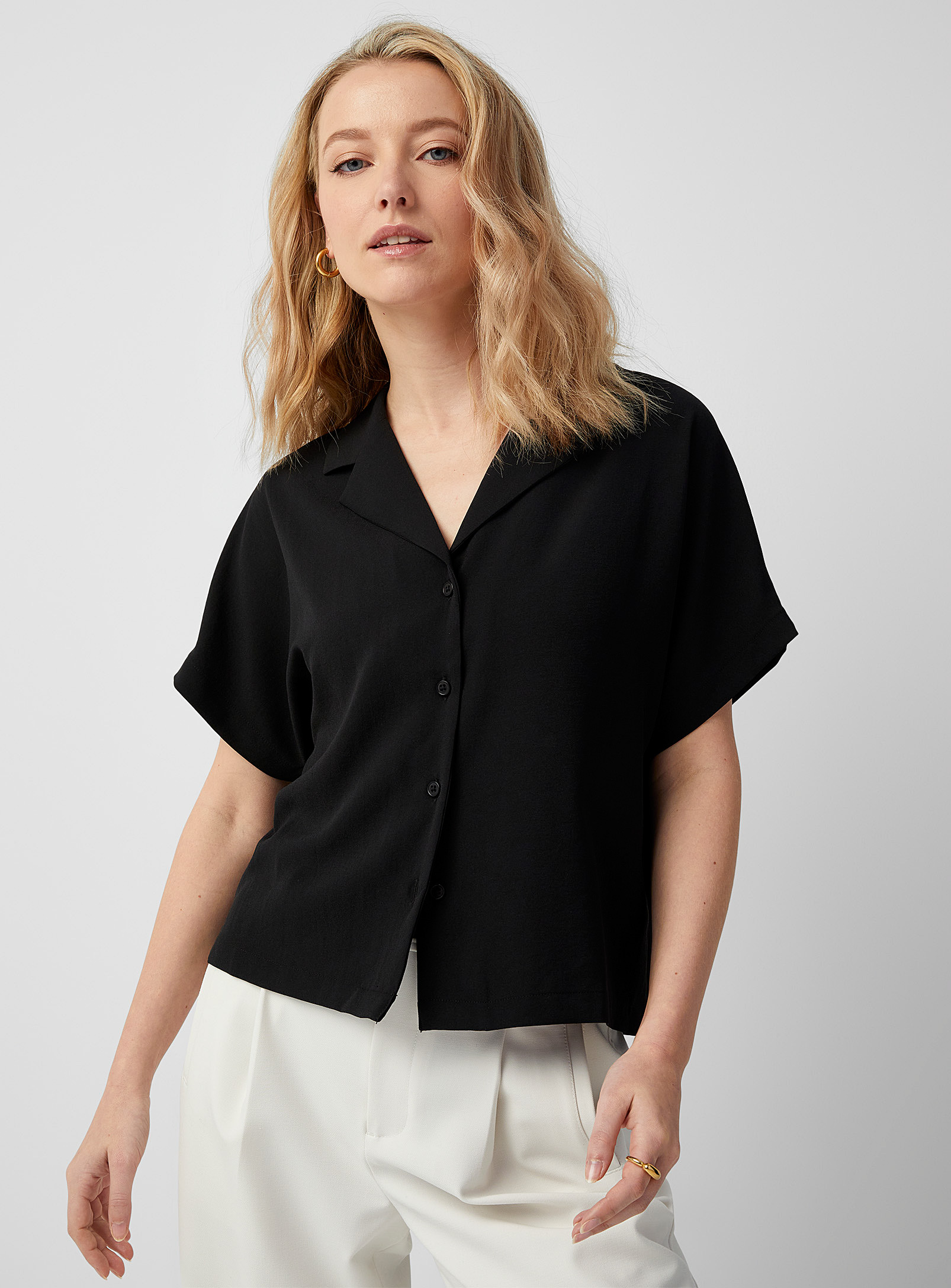 Contemporaine Notch-collar Flowy Boxy-fit Shirt In Black