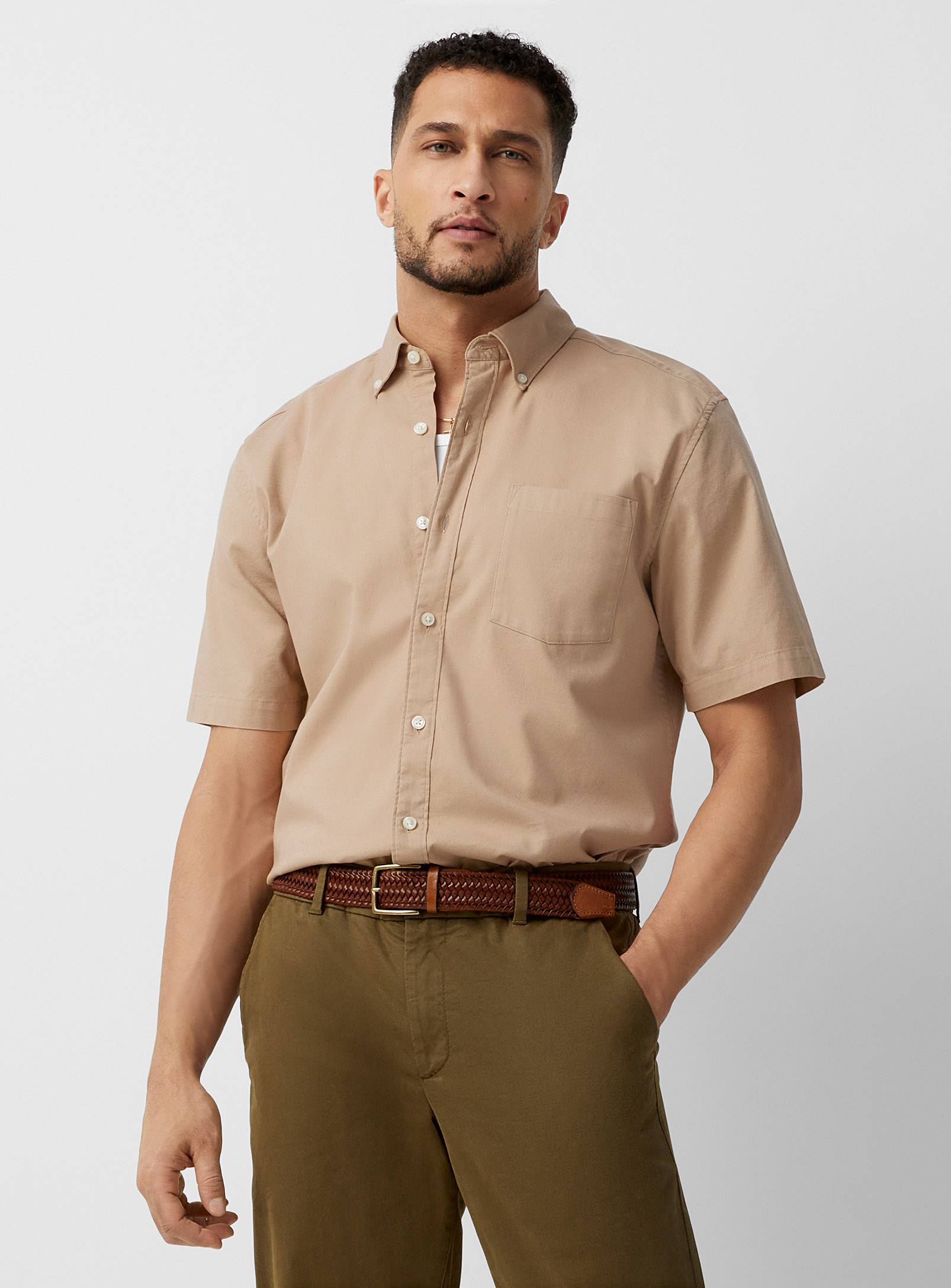 Le 31 Short-sleeve Oxford Shirt Modern Fit In Cream Beige