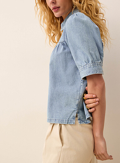 Lightweight denim puff-sleeve boxy-fit blouse product image 3
