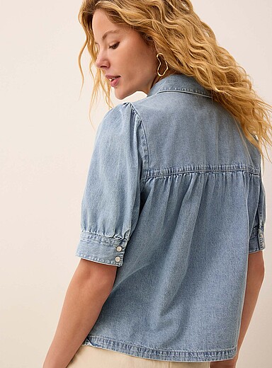 Lightweight denim puff-sleeve boxy-fit blouse product image 4