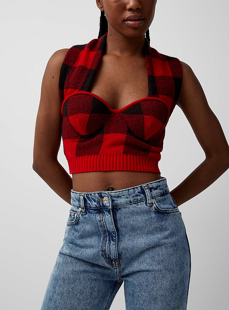 Moschino Jeans Red Buffalo checkered knit bustier for women