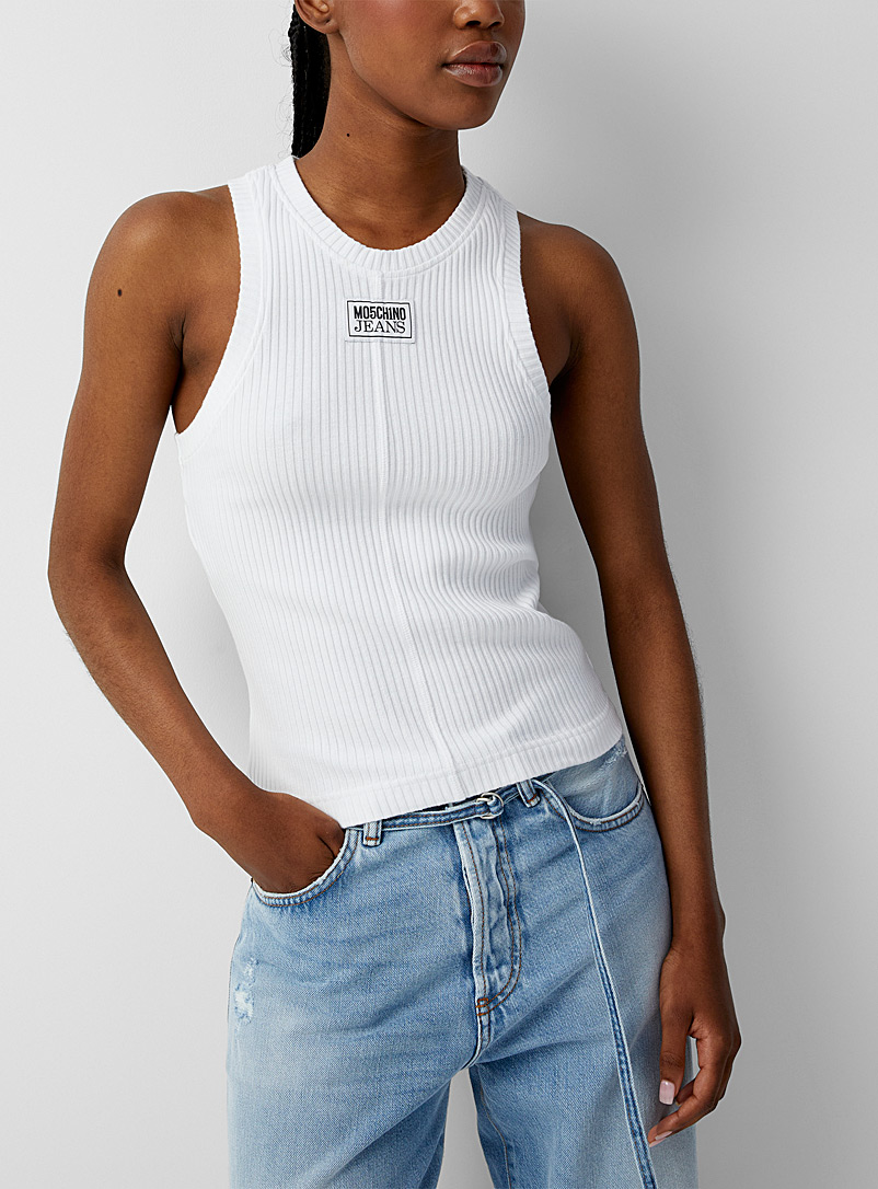 Moschino Jeans: La camisole côtelée à logo Blanc pour femme