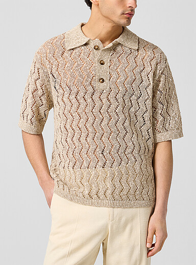Cmmn Swdn: Le chandail col polo tricot ajour&eacute; Ivoire - Beige cr&egrave;me pour homme