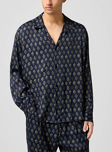 Cmmn Swdn Navy/Midnight Blue Blurry eyes satiny cabana shirt for men