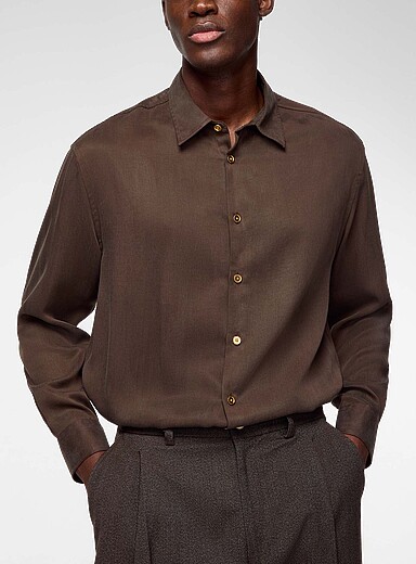 Cmmn Swdn Brown Caine golden buttons flowy shirt for men