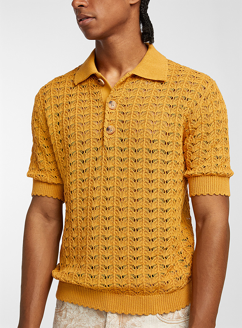Cmmn Swdn Orange Curt crocheted knit polo shirt for men
