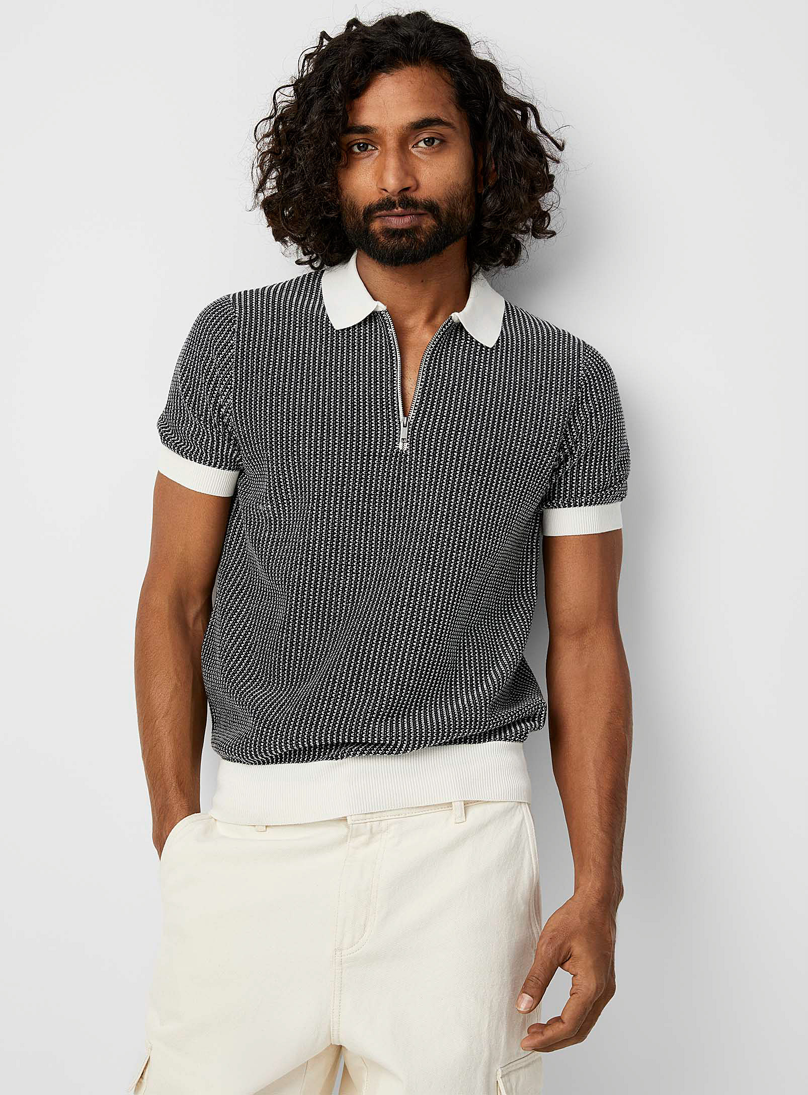Ben Sherman - Men's Zip-neck jacquard knit Polo Shirt