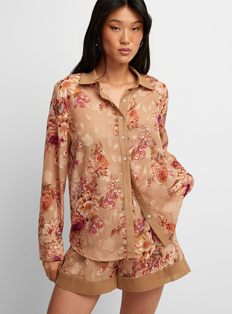 Icône Patterned Brown Textured bouquet ecru blouse for women