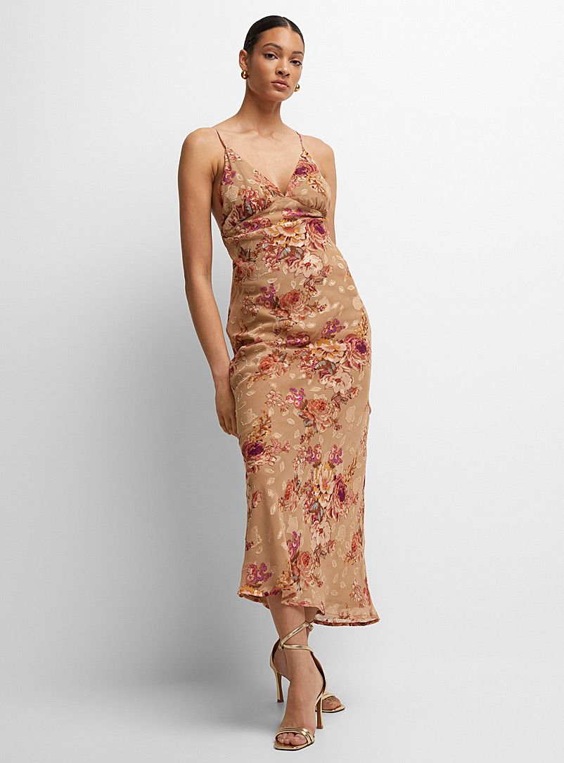 Icône Patterned Ecru Textured bouquet long ecru dress for women