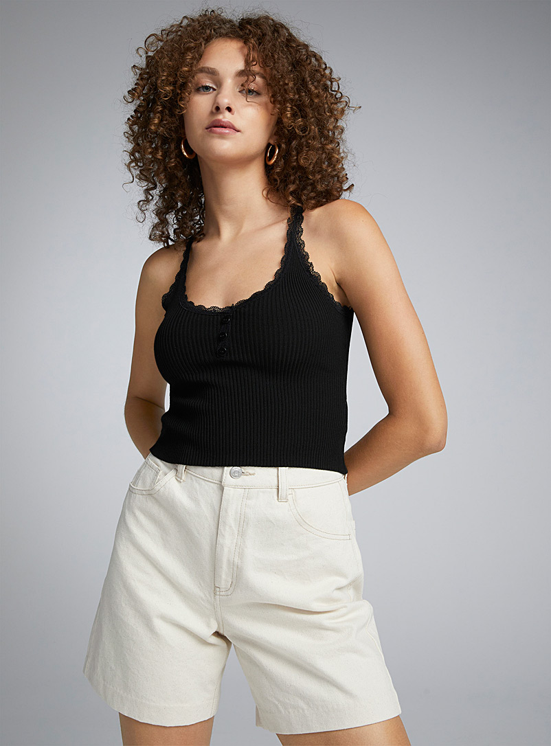 Somensac White Ribbed Camisole w/ Lace Trim