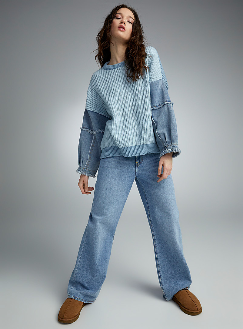 Twik Patterned Blue Denim sleeves two-tone knit sweater for women