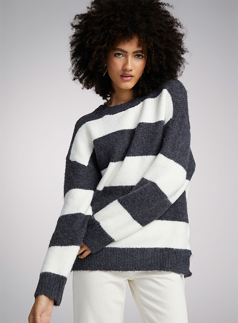 Twik Patterned Grey Wide stripes loose sweater for women