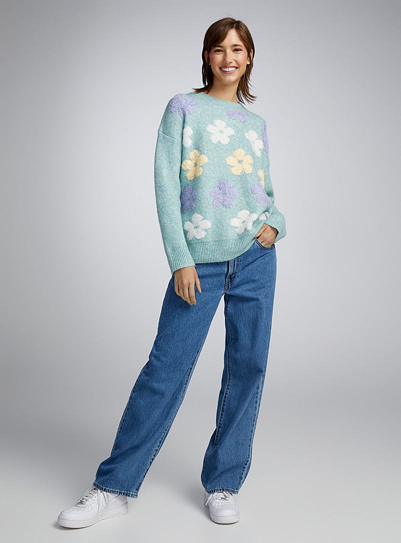 Twik Patterned Blue Bouclé flowers sweater for women
