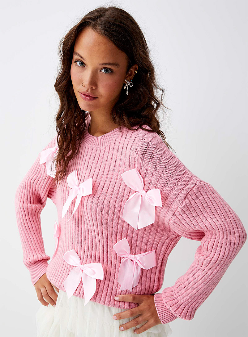 Bright Pink Corded Flower Bow Ribbed Trim Casual Sweater