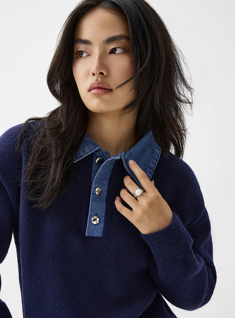 Twik Navy/Midnight Blue Denim polo collar sweater for women