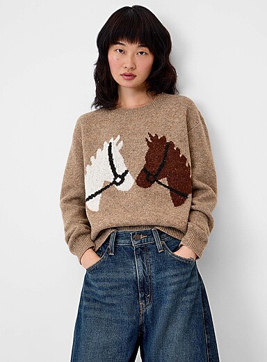 Twik Patterned Brown Double horse sweater for women