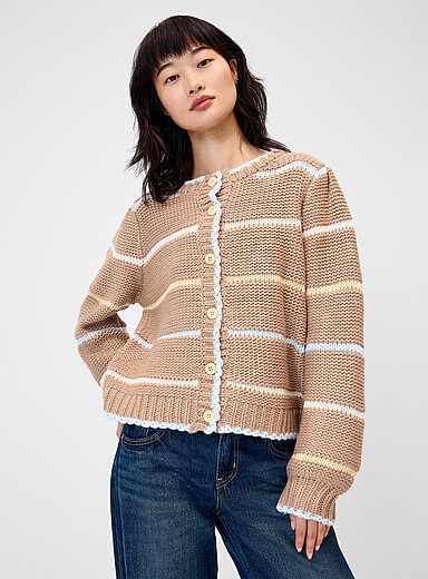 Twik Patterned Brown Pastel stripes cardigan for women
